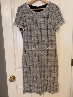 Karl Lagerfeld Black & White Tweed Pearl-Trim Shift Dress